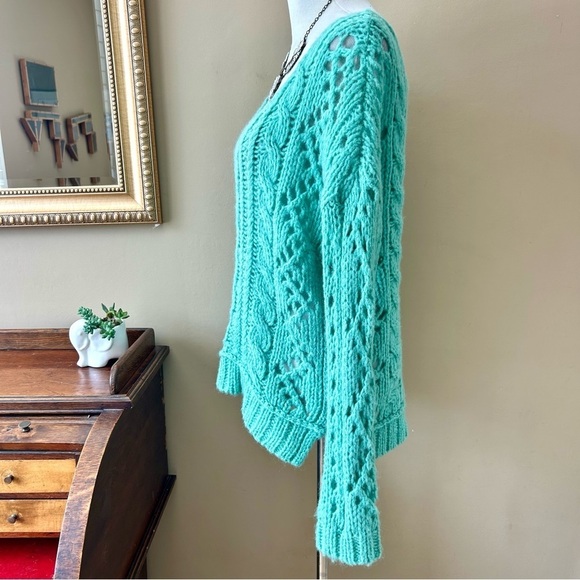 Free People Y2K Green Open Chunky Wool Mohair Blend Cable Knit Sweater Size M - Picture 6 of 16